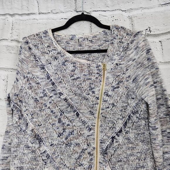 Lucky Brand Womens Side Zip Tweed Blazer Jacket Knitted Hi Low Blue Medium - Picture 2 of 14